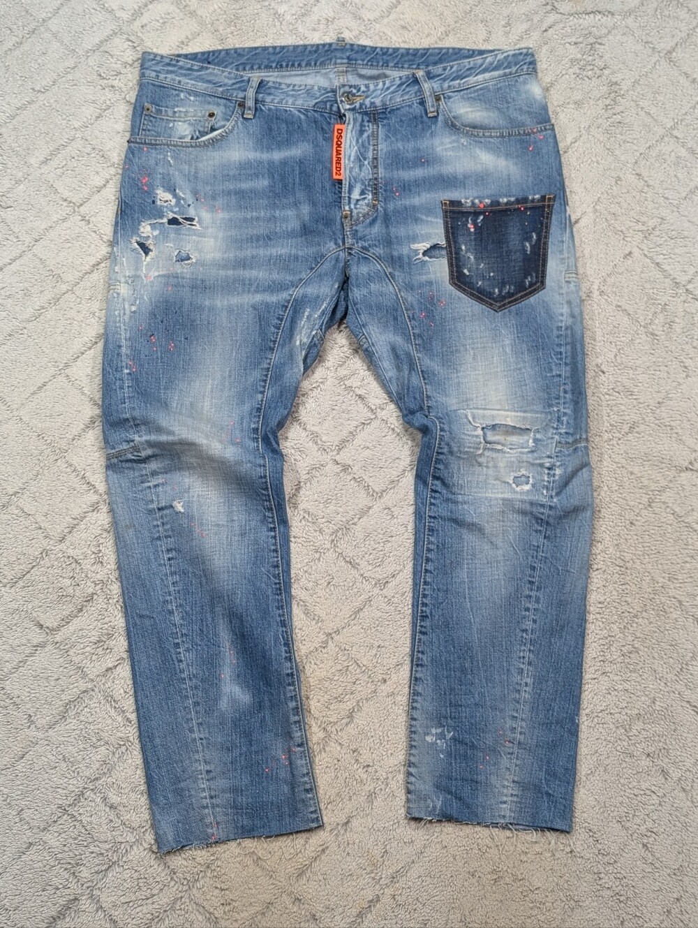 Dsquared2 Jeans Mens 54 Blue Denim Tidy Biker Paint Splatter Slim Fit Distress